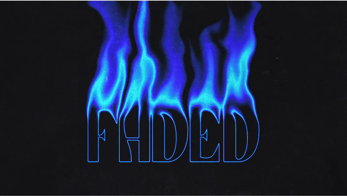 Faded experimental typography poster with blue flames