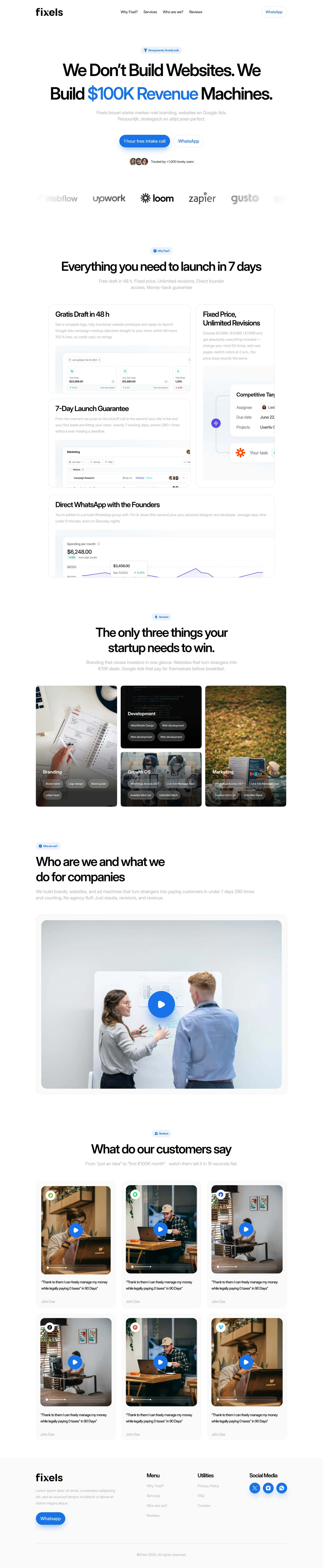 Full Fixels growth studio website, from the opening offer through customer stories and footer