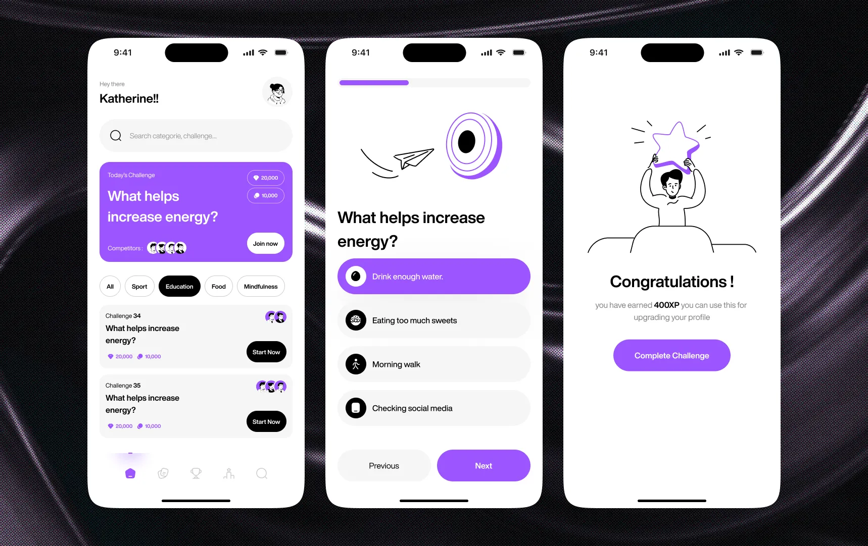 Energize goal and challenge mobile product screens