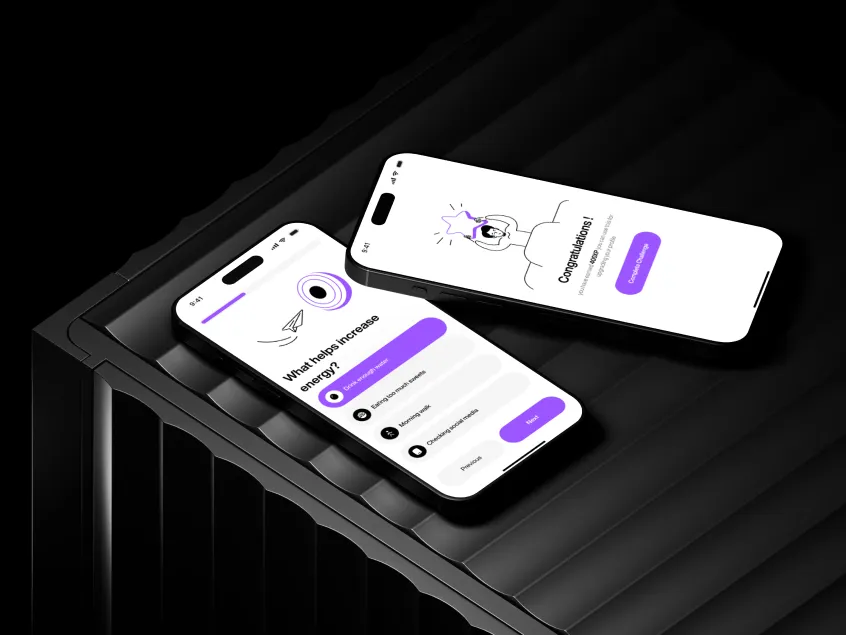 Energize challenge and reward screens shown on phone mockups