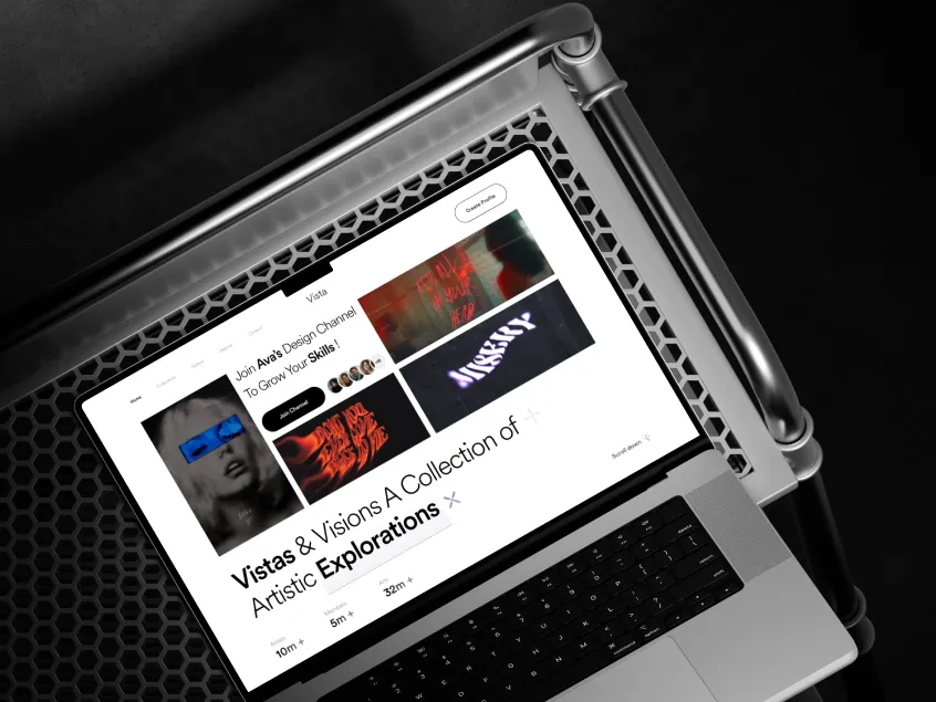 Vista creative community shown on an angled laptop mockup