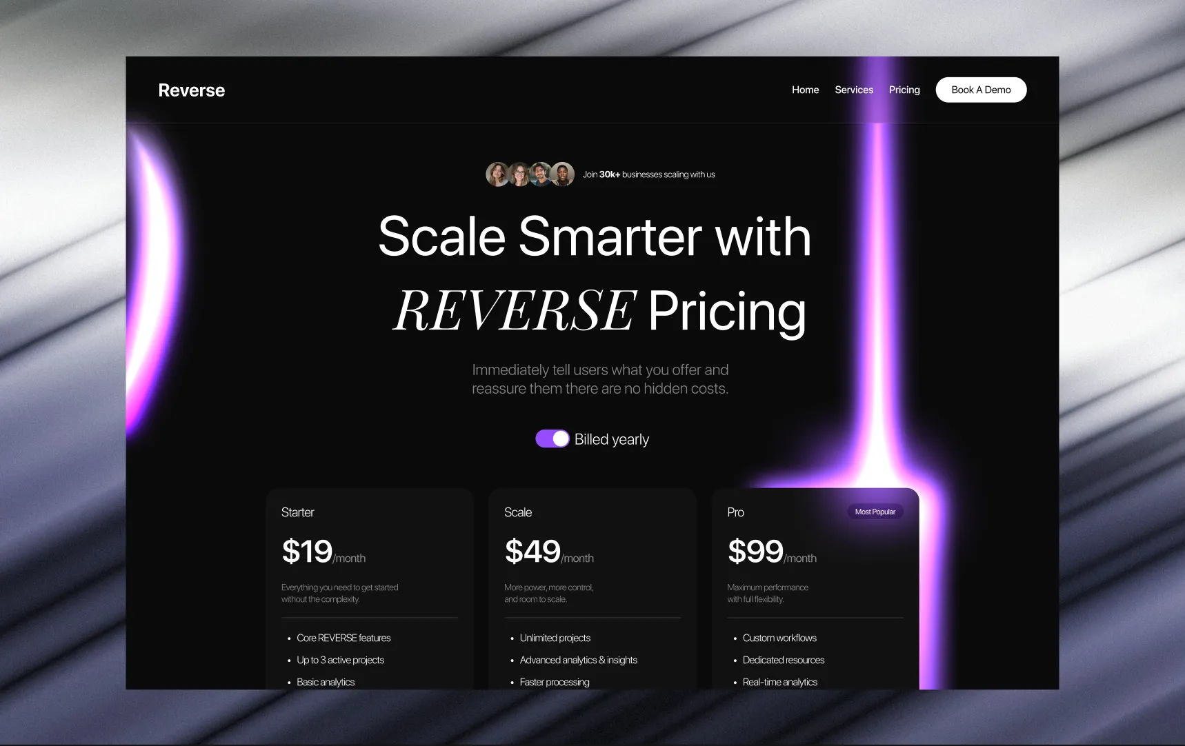 Reverse pricing platform landing page