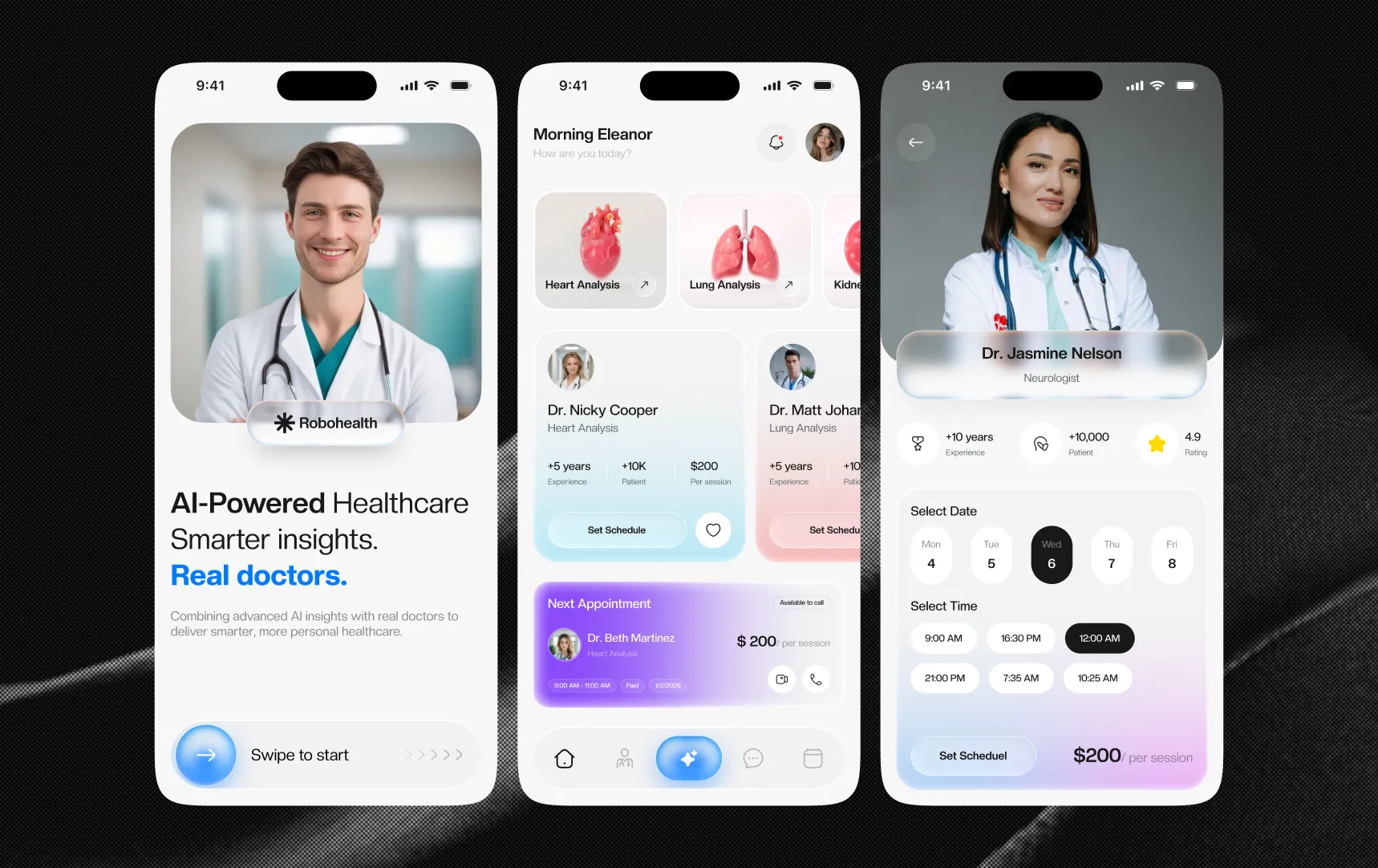 Robohealth healthcare product interface screens