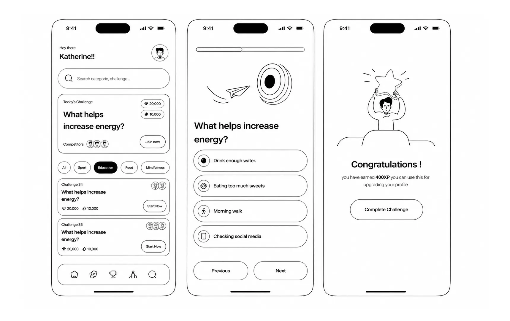 Wireframe of the Energize challenge experience