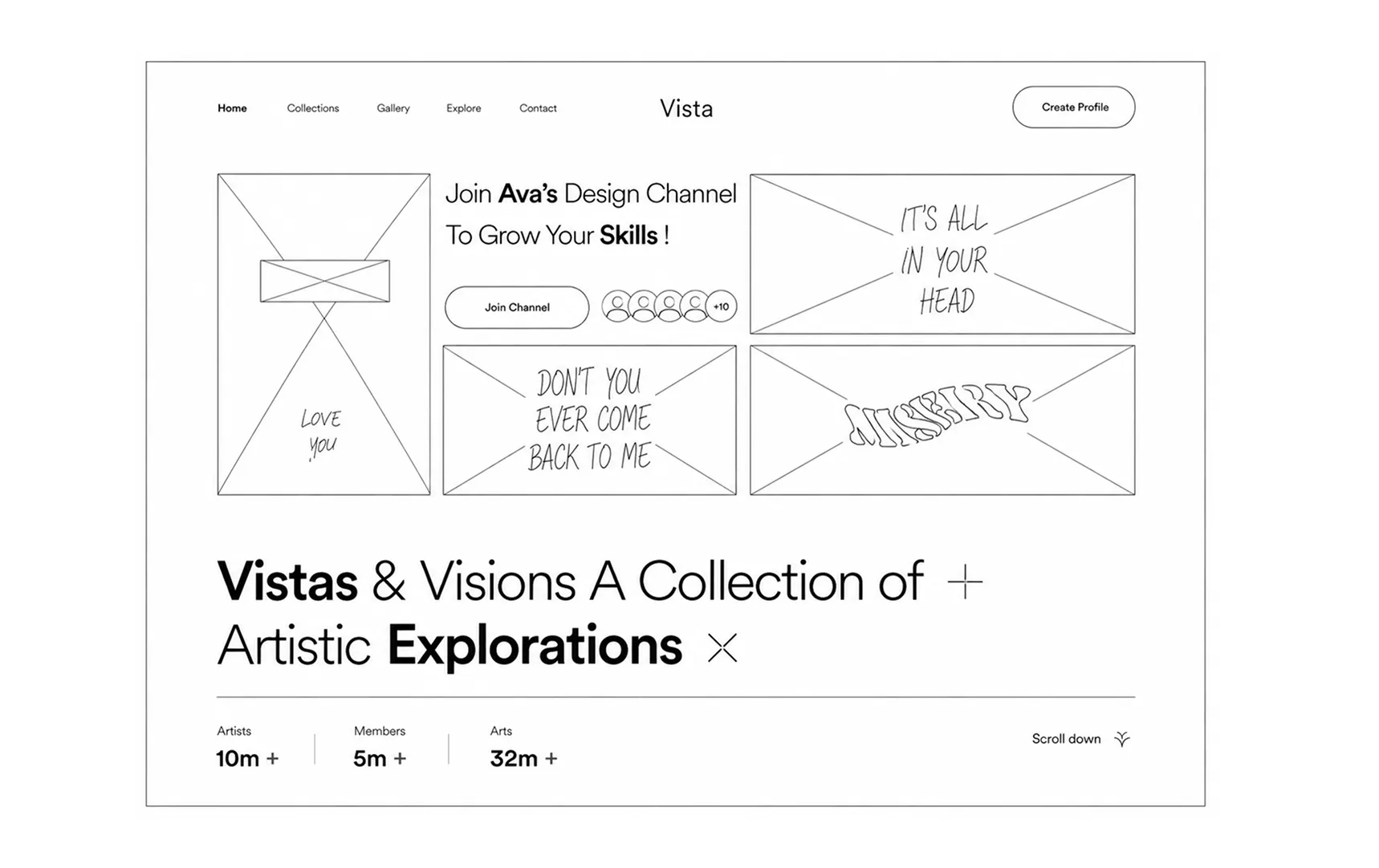 Wireframe of the Vista creative community landing page