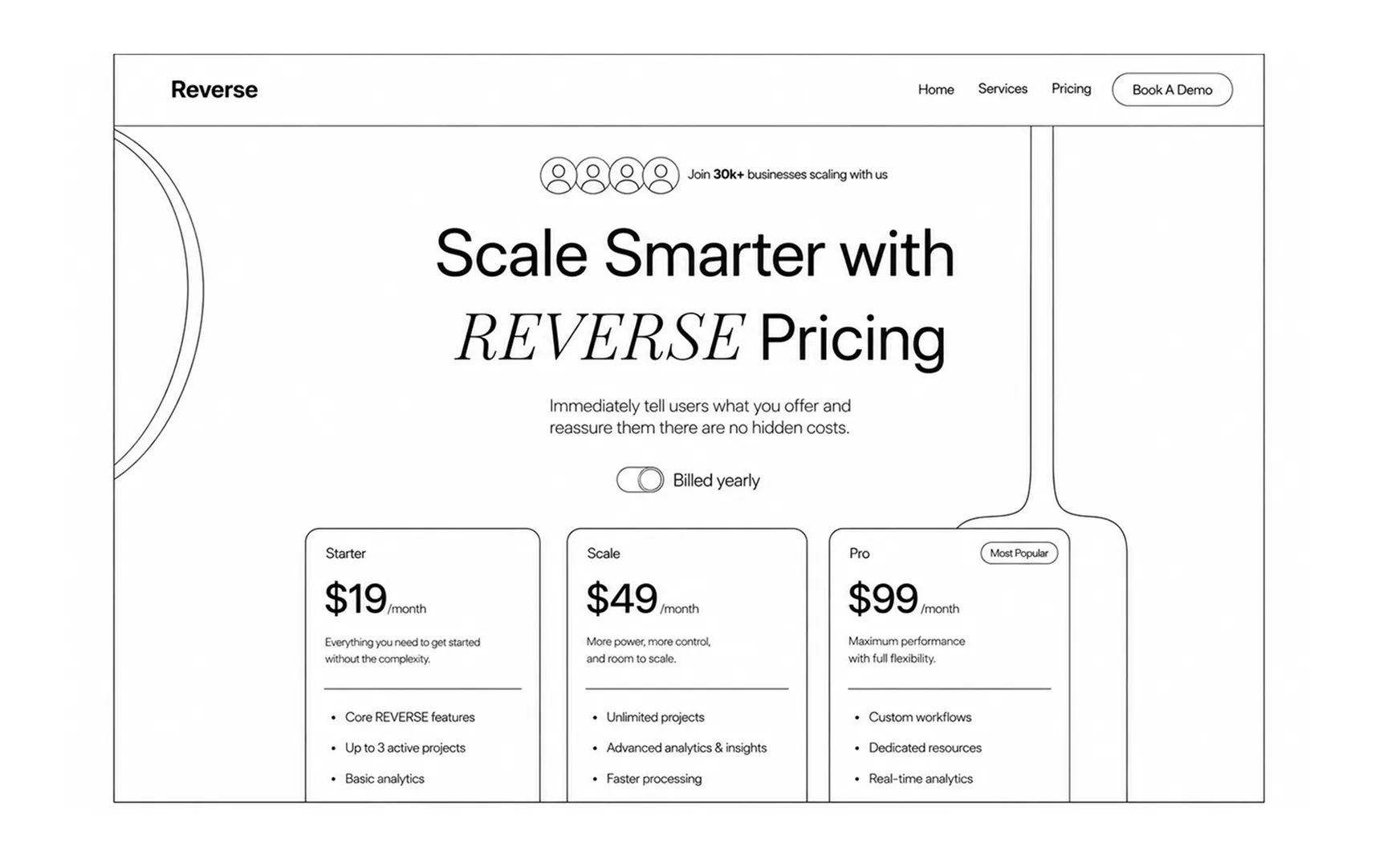 Wireframe of the Reverse pricing landing page