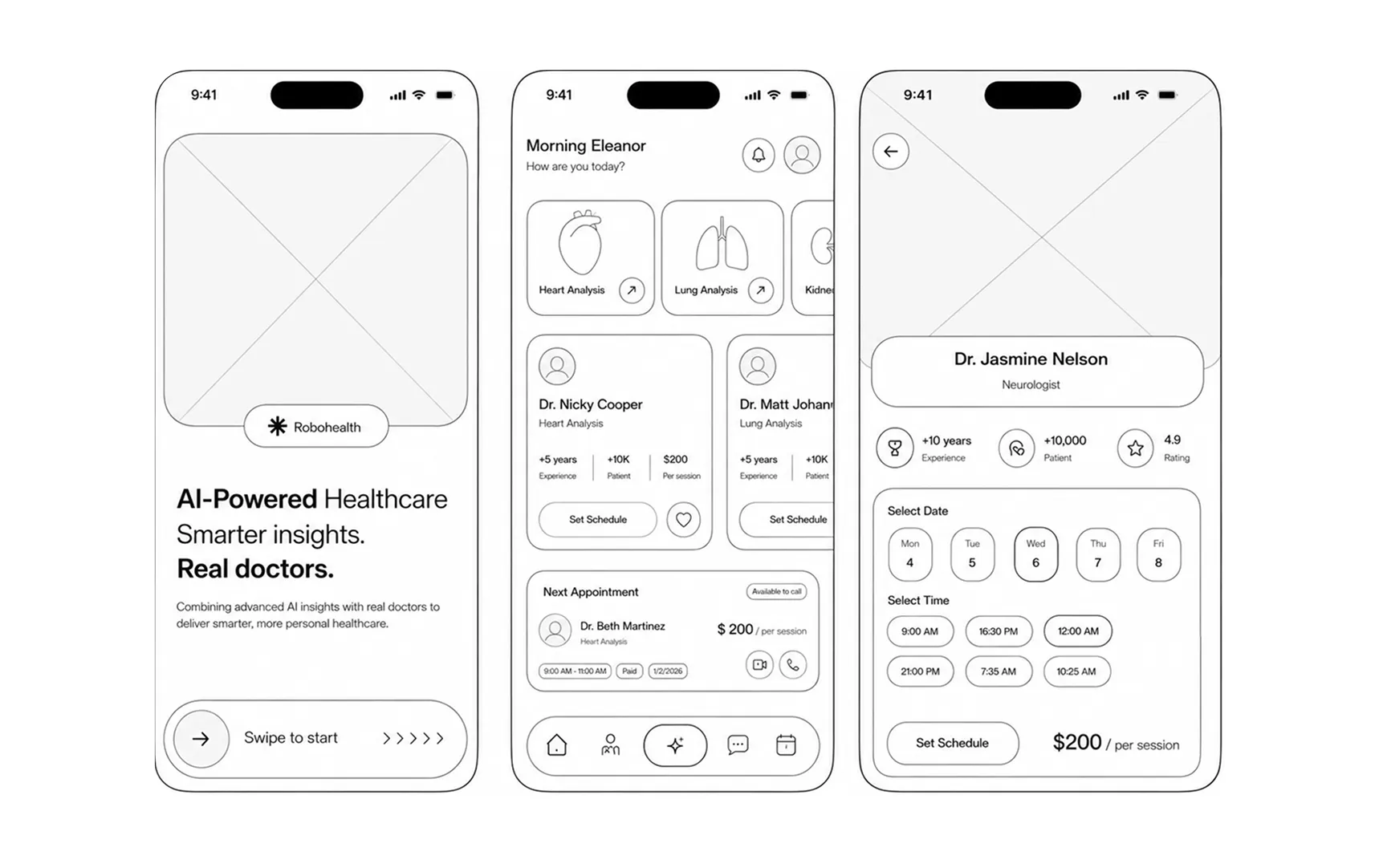 Wireframes for the Robohealth onboarding, dashboard, and doctor scheduling screens